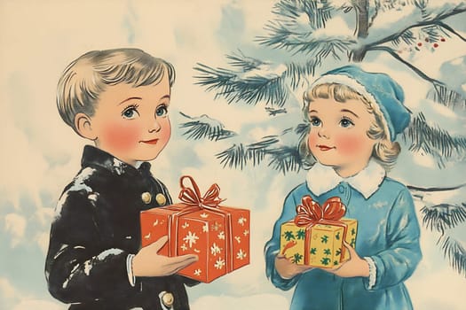 Two children, bundled in winter clothes, joyfully hold gift-wrapped boxes in a snowy landscape.
