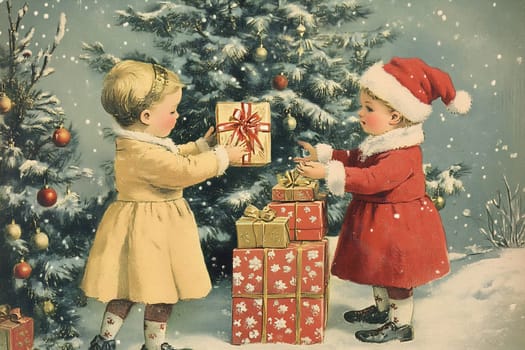 Two children in winter attire happily share gifts in a snowy setting, surrounded by a beautifully decorated Christmas tree.