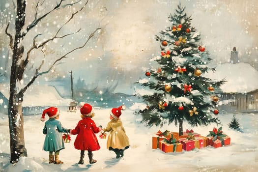 A group of children in colorful winter coats gazes at a beautifully adorned Christmas tree surrounded by gifts in a quaint snowy landscape.