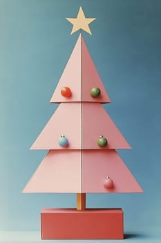 A pink Christmas tree made from geometric shapes displays colorful ornaments and a star atop against a blue backdrop.