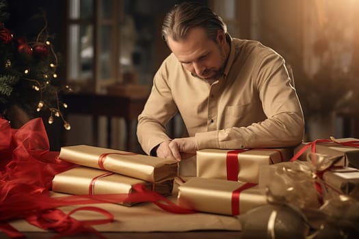 A man focuses on wrapping holiday presents with decorative ribbons in a warm, inviting atmosphere filled with festive cheer.