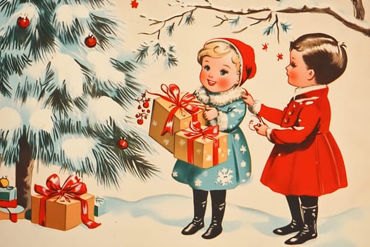 Two children are happily opening gifts by a beautifully decorated Christmas tree in a snowy setting.