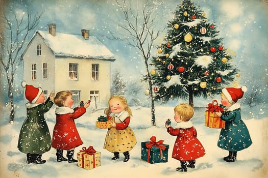 A joyful group of children dressed in winter clothes gather around a decorated Christmas tree in a snowy yard, exchanging gifts.