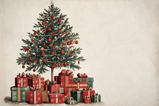 A vibrant Christmas tree with red and gold decorations is surrounded by an assortment of wrapped gifts in a joyful atmosphere.