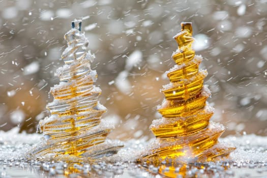 Christmas postcard with ornaments, Christmas tree in snow against blurred background, AI Generated