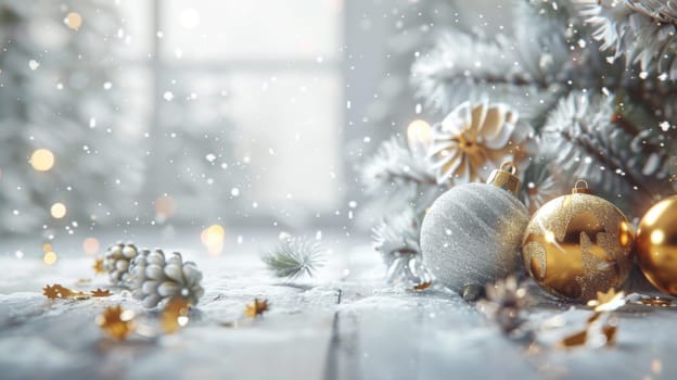 Christmas postcard with ornaments, Christmas tree in snow against blurred background, AI Generated