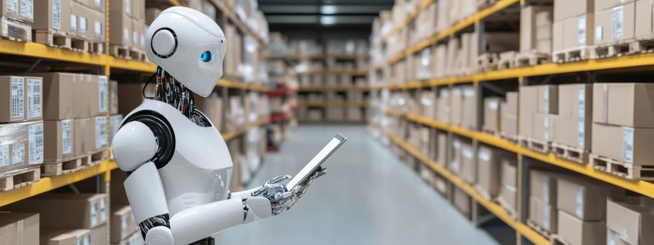Robot holding tablet in warehouse filled with cardboard boxes, logistics technology concept, AI Generated