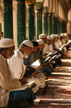 Elderly men reading inside mosque with warm light, creating a peaceful atmosphere, AI Generated