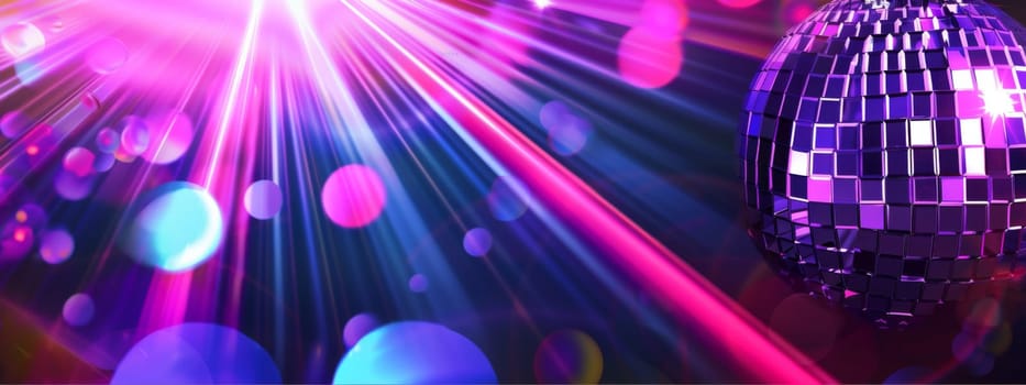 Disco ball reflecting neon lights creates vibrant party atmosphere, background, AI generated