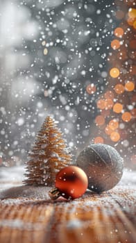 Christmas postcard with ornaments, Christmas tree in snow against blurred background, AI Generated