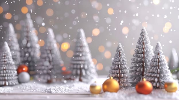 Christmas postcard with ornaments, Christmas tree in snow against blurred background, AI Generated