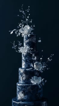 Elegant tiered wedding cake with white natural decor, dark background, copy space, AI Generated