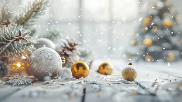 Christmas postcard with ornaments, Christmas tree in snow against blurred background, AI Generated