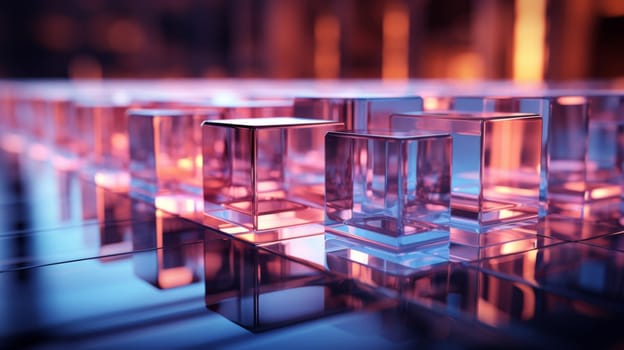 Abstract background of reflective neon purple, blue and orange glass cubes with copy space, AI generated
