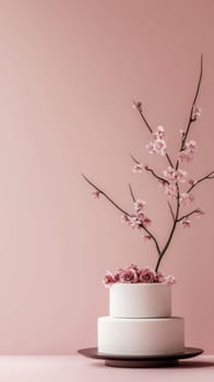 Wedding White tiered cake with pink blossom on pastel background, copy space, AI Generated