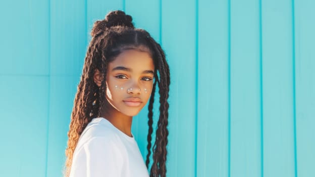 Young girl with long braids and sparkling face stickers against blue background, AI Generated