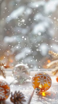 Christmas postcard with ornaments, Christmas tree in snow against blurred background, AI Generated