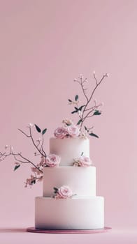 Wedding cake with beautiful flowers on solid pastel color background, copy space, AI Generated