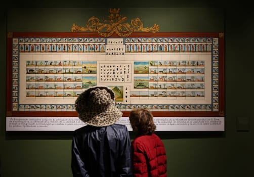 Venice, Italy - May 7 2024: Foreigners Everywhere 60th Venice Art Biennale in Venice. A Different Recollection of the Quadro Del Reyno del Peru at Spanish Pavilion.