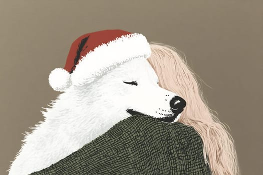 A woman holds her white dog adorned with a Christmas hat, capturing a heartwarming festive moment of companionship.