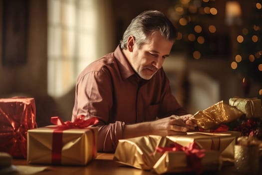 A man carefully wraps presents at home, surrounded by twinkling lights and a warm holiday setting.