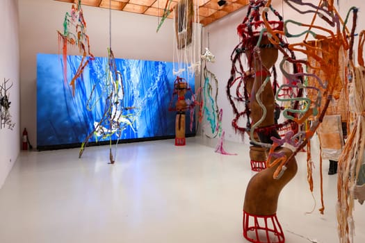 Venice, Italy - May 7 2024: Foreigners Everywhere 60th Venice Art Biennale in Venice. Visual and sound installation by Julien Creuzet inspired by Caribbean motifs in the French Pavilion at Giardini