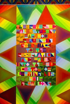 Venice, Italy - May 7 2024: Foreigners Everywhere 60th Venice Art Biennale in Venice. The space in wchich to place me by Jeffrey Gibson at USA Pavillon.