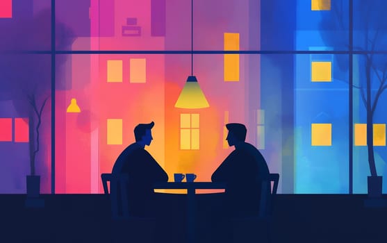 Two figures in a colorful abstract cafe setting, having a conversation over coffee, with vibrant cityscape outside.