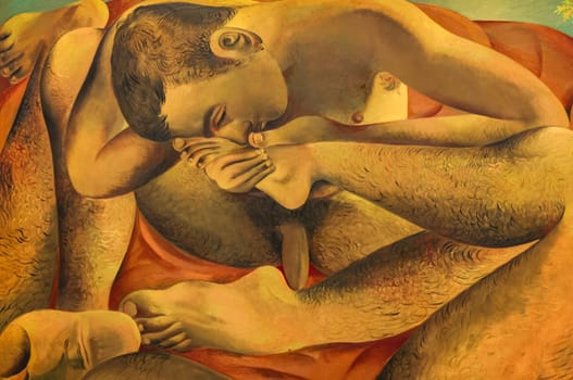 Venice, Italy - May 7 2024: Foreigners Everywhere 60th Venice Art Biennale in Venice. Kissing My Foot by Louis Fratino. Oil on canvas