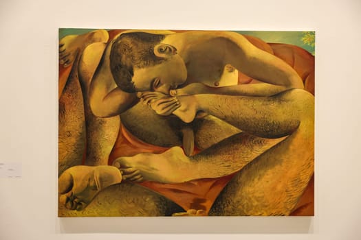 Venice, Italy - May 7 2024: Foreigners Everywhere 60th Venice Art Biennale in Venice. Kissing My Foot by Louis Fratino. Oil on canvas