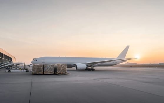A cargo plane on the tarmac during sunset, with pallets ready for loading under a warm sky. Copy space available.