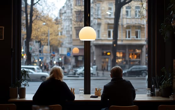 Two people sitting in a modern cafe, observing the lively city life through a large window, with a relaxed atmosphere.