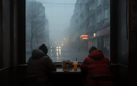 Individuals in a cafe on a foggy day, looking out onto a mysterious cityscape, creating a moody ambiance.