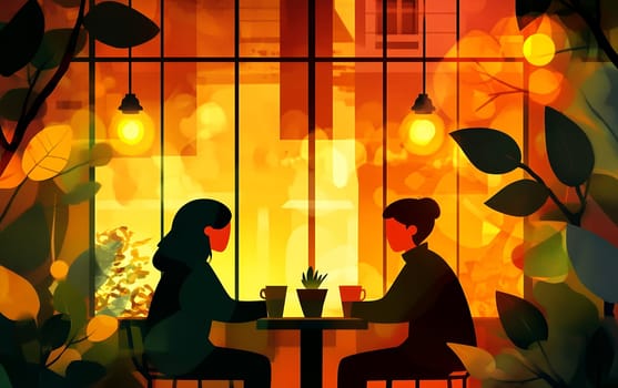 A vibrant cafe scene with two people enjoying drinks, surrounded by colorful decor and warm lighting.
