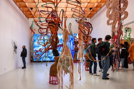Venice, Italy - May 7 2024: Foreigners Everywhere 60th Venice Art Biennale in Venice. Visual and sound installation by Julien Creuzet inspired by Caribbean motifs in the French Pavilion at Giardini