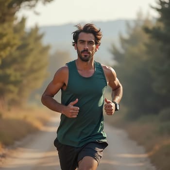 Athletic man jogging on a forest trail, wearing a green tank top, embodying fitness and endurance.