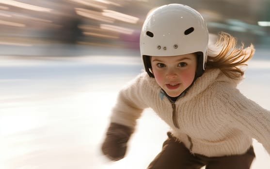 Energetic young girl ice skating swiftly, her face full of determination and joy, blurred motion capturing her speed.