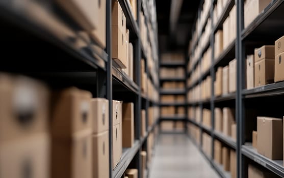 Rows of warehouse shelves filled with neatly stacked cardboard boxes, creating a sense of organized storage.