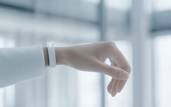 A close-up of a hand wearing a smart wristband, showcasing modern technology and design. Copy space available.