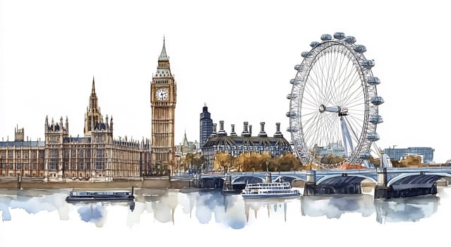 The skyline showcases iconic landmarks of London, including Big Ben and the London Eye, reflecting autumn colors along the River Thames.