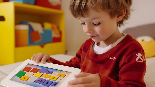 Young child engaged with colorful educational app on tablet, digital learning in modern classroom environment with bright storage background.