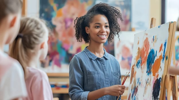 A smiling art teacher helps young students with their painting in a vibrant classroom, fostering creativity.