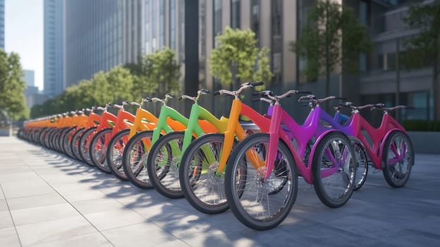 A row of colorful bicycles lined up for rent in a city, promoting eco friendly transportation options.