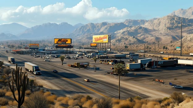 Panoramic view of desert truck stop with mountains backdrop, highway traffic and billboards, American Southwest transportation hub.