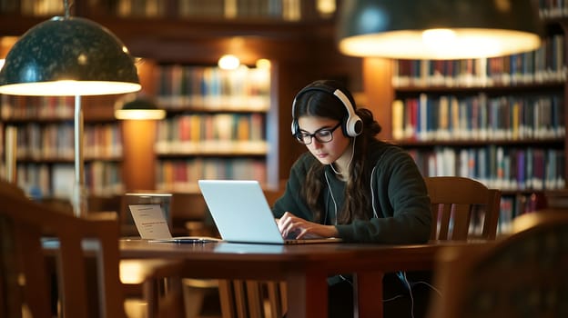 A young woman with headphones studies diligently on her laptop in a warmly lit library environment.