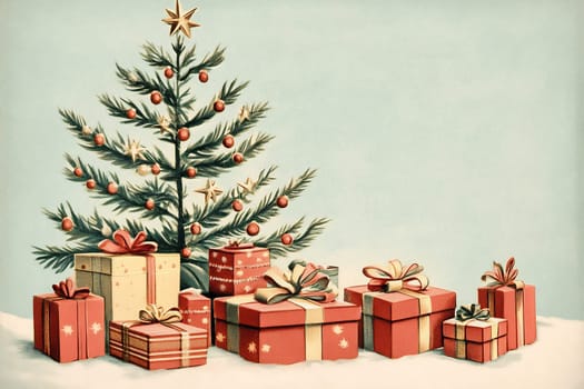 The festive tree is adorned with ornaments and a star atop, surrounded by numerous intricately wrapped gift boxes.