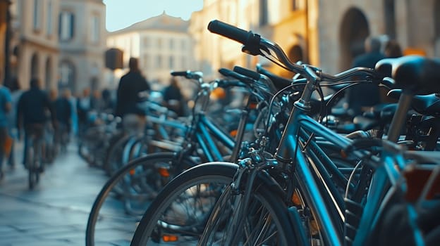 Rows of bicycles parked on a bustling city street, showcasing urban transportation and lifestyle.