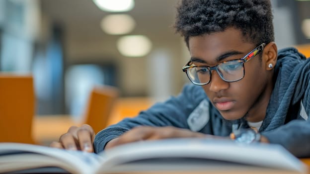 A young man intensely reads a textbook in a modern library setting, reflecting commitment to learning.