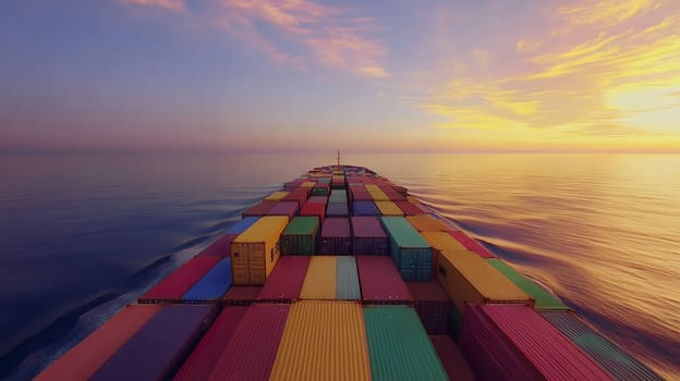 A cargo ship with colorful containers sails through the sea at sunset, symbolizing global trade and transport.