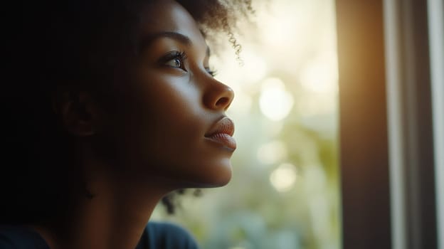 A serene woman gazes out the window, lost in thought, illuminated by soft natural light from outside.